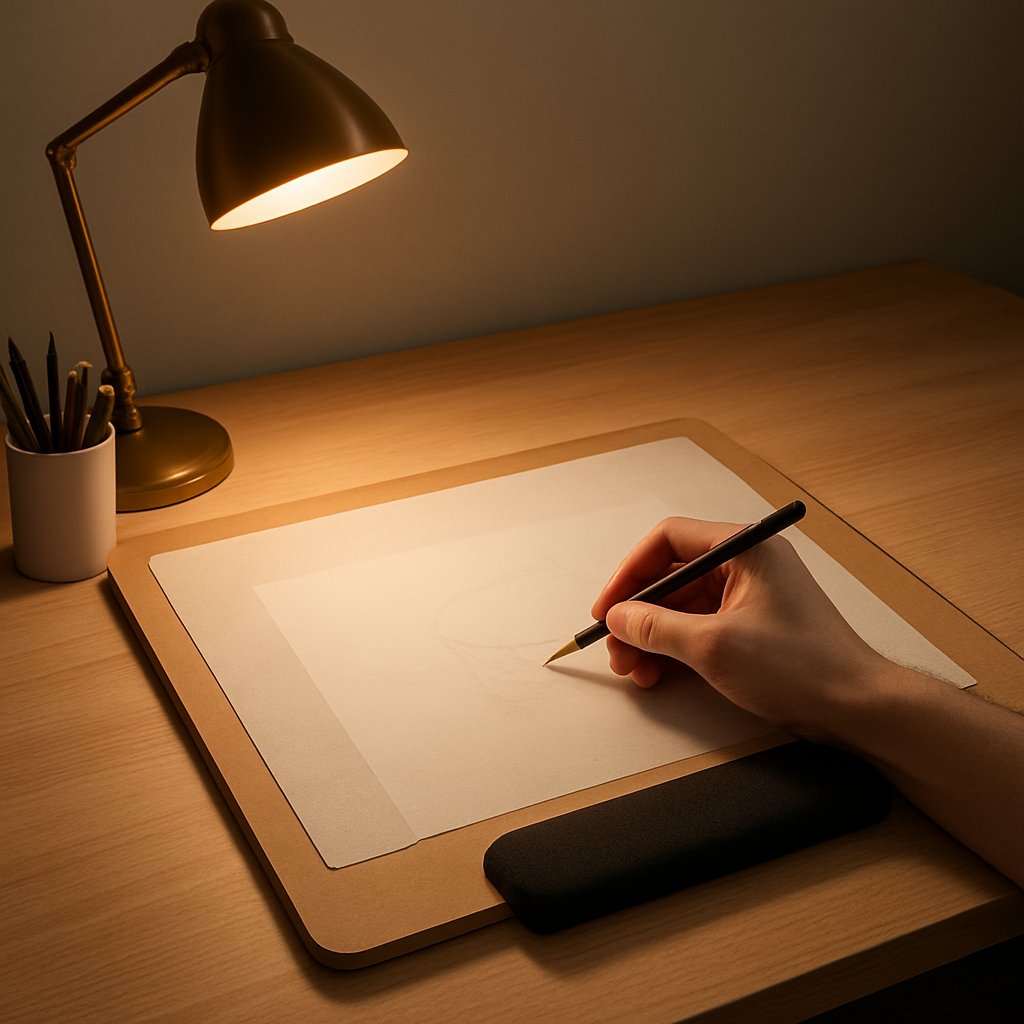 An artist's tidy drawing desk with a hard board, a warm lamp at 45 degrees, a sheet of tracing paper under the hand, and a small foam wrist rest. Alt: Preparing a smudge‑free pencil drawing workspace.