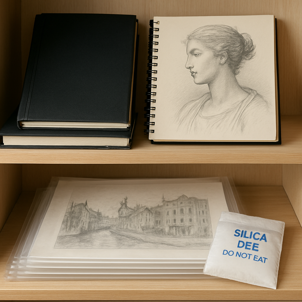 A tidy artist's studio shelf with portfolios, acid‑free sleeves, and a silica‑gel packet protecting pencil drawings. Alt: Proper handling and storage of pencil drawings