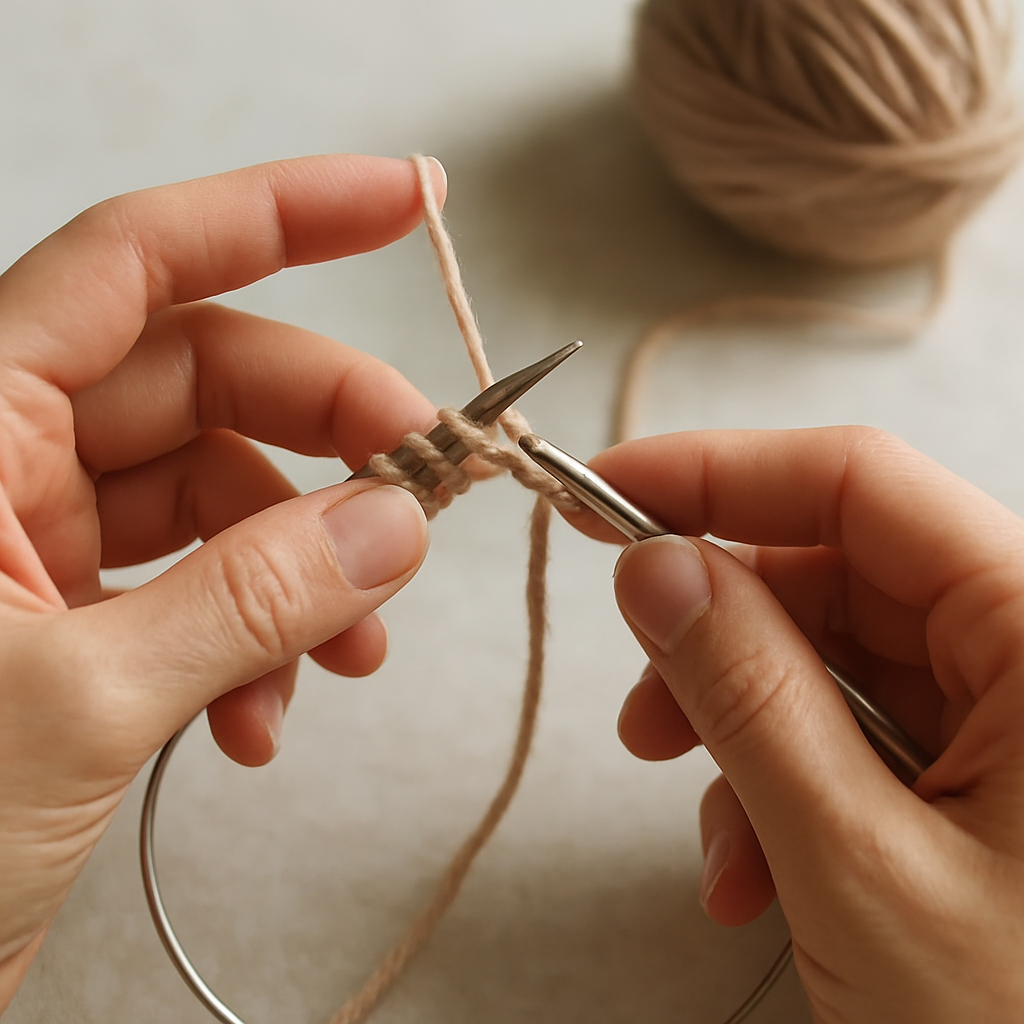 A close‑up of hands casting on with a circular knitting needle, yarn looping around the cable, soft natural lighting. Alt: casting on a beanie with circular needles, step‑by‑step guide.