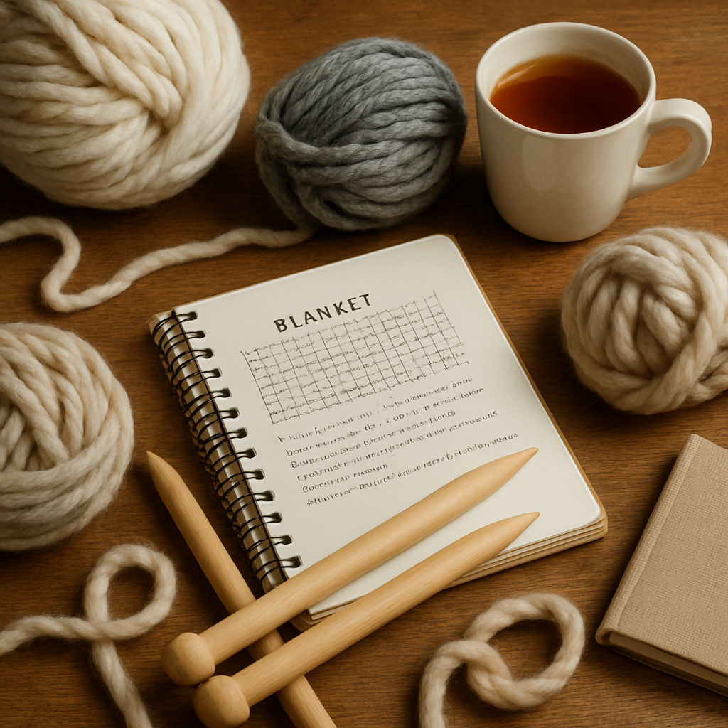 A cozy knitting setup with bulky yarn skeins, oversized needles, a cup of tea, and a notebook open to a blanket pattern. Alt: chunky blanket knitting materials laid out on a table, emphasizing yarn, needles, and accessories for beginners.
