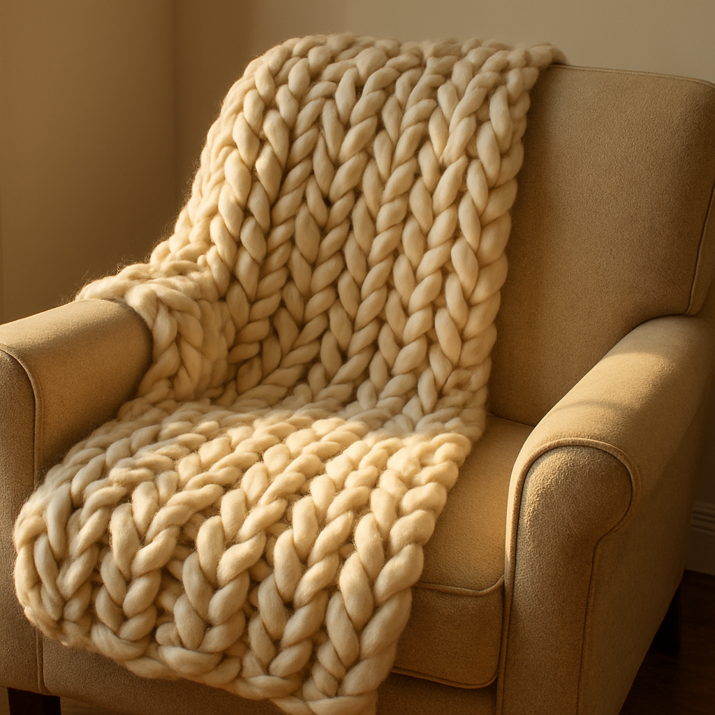 A cozy chunky blanket draped over a comfy armchair with sunlight streaming in, showing the texture of the yarn. Alt: Care and maintenance of a chunky knit blanket