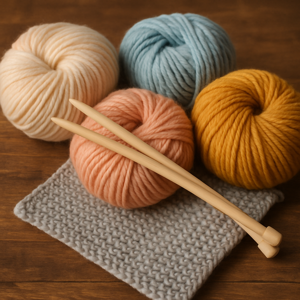 A cozy crafting scene featuring a pair of bamboo knitting needles resting atop soft, colorful worsted weight yarn skeins. Alt: Knitting needles and soft yarn ready for a beginner knitting scarf project.