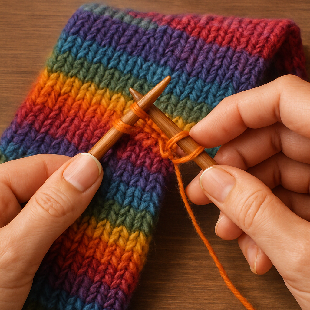A close-up of hands binding off knitted stitches on colorful yarn, showing the final step of finishing a handmade scarf. Alt: Step-by-step bind off technique for knitting a scarf for beginners.