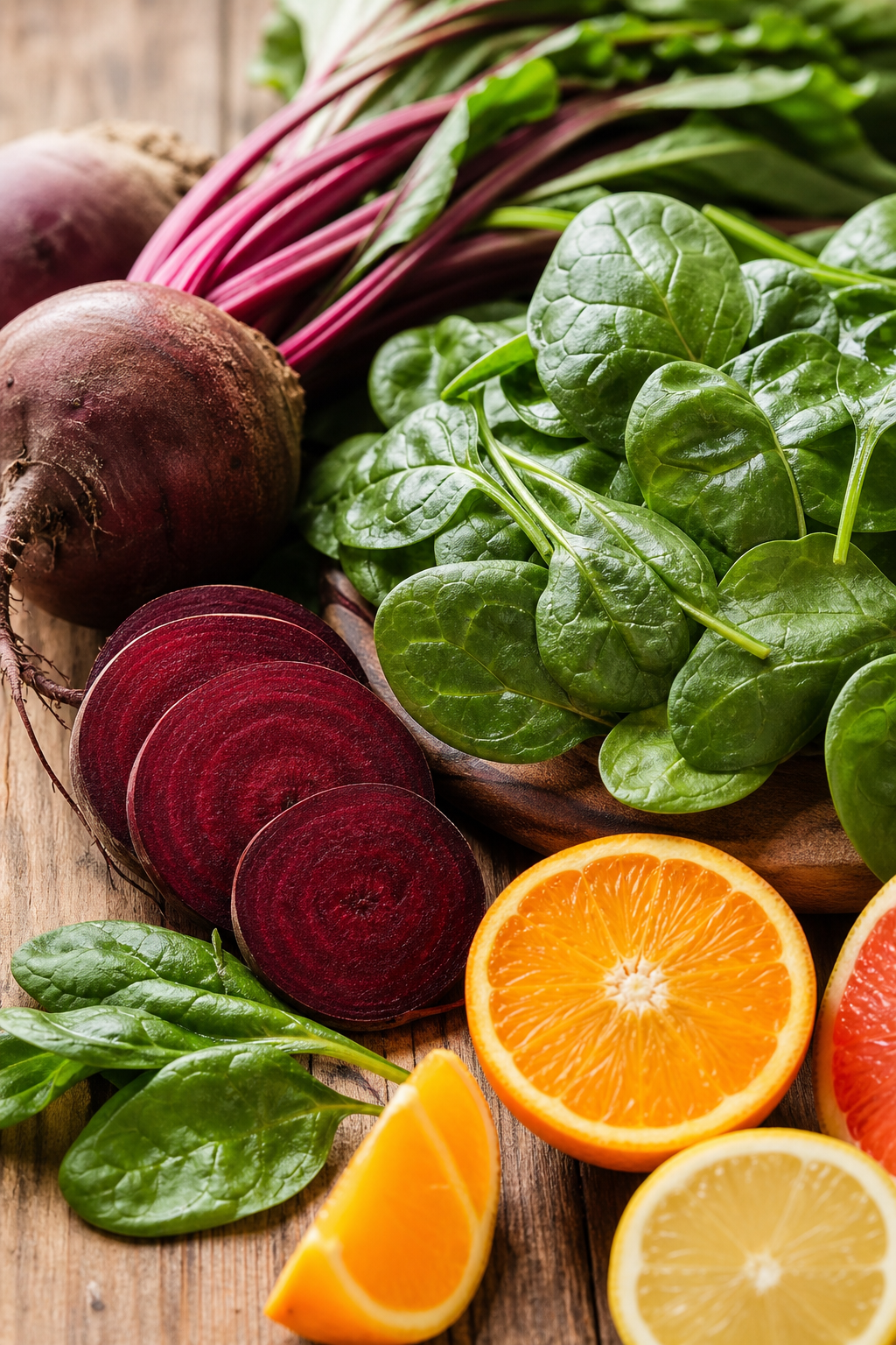 A realistic close‑up of fresh beetroot, spinach leaves, and citrus slices arranged on a wooden table, bright natural lighting, alt=