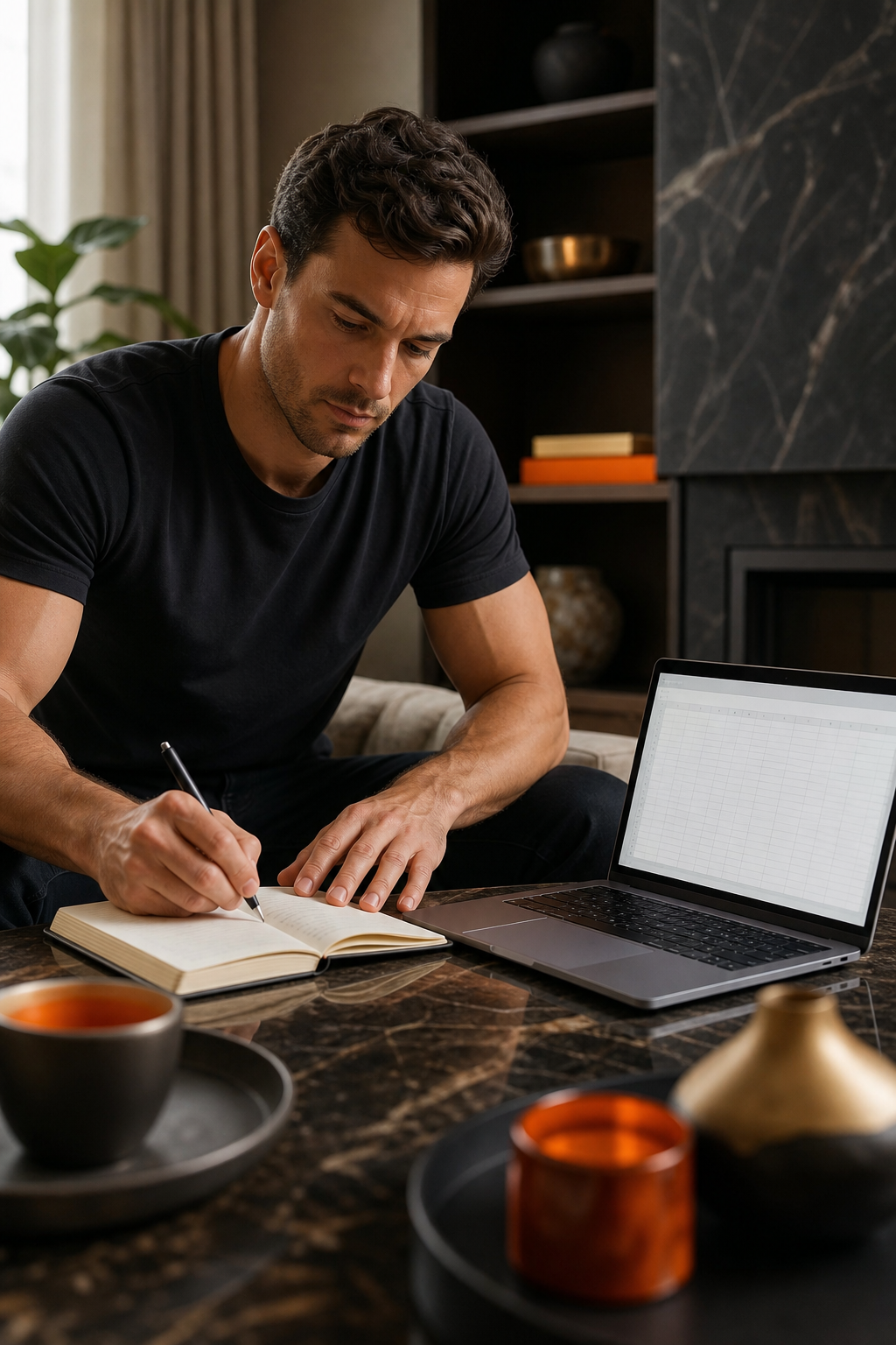 A realistic scene of a man writing in a notebook at a coffee table, with a laptop displaying a simple spreadsheet, warm natural lighting, alt=