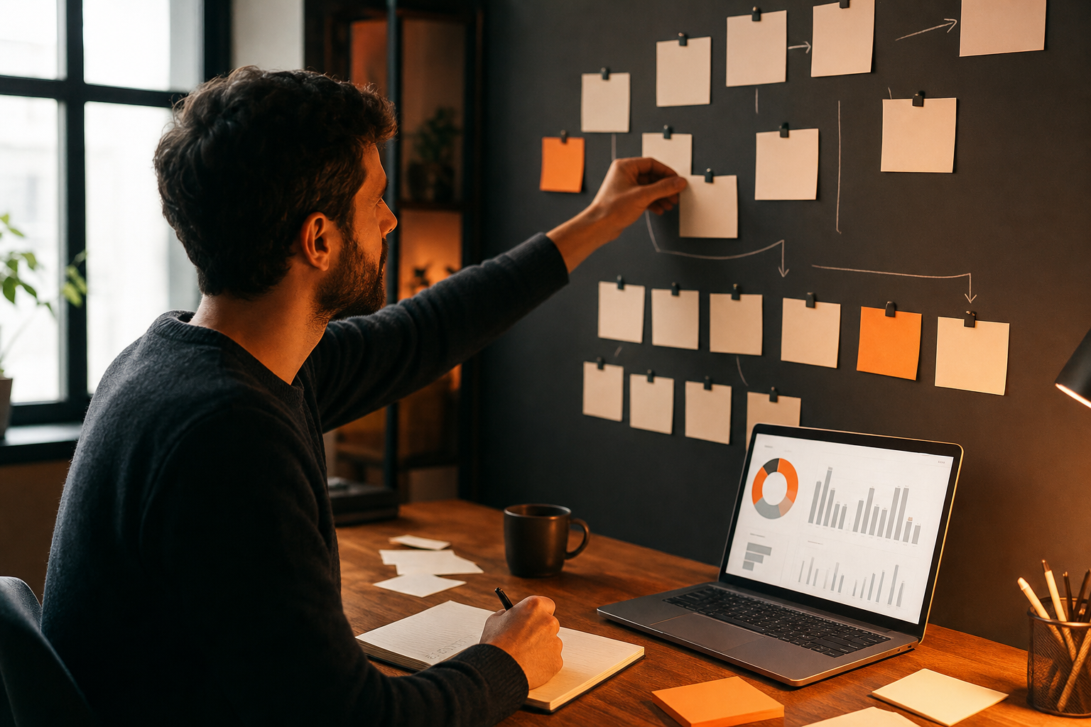 Cinematic editorial scene of a SaaS founder at a desk mapping listener pain points on a wall with simple cards, warm orange accent light, laptop showing charts without readable brand names or contact details, natural startup workspace. Alt: SaaS podcast audience positioning and founder interview planning