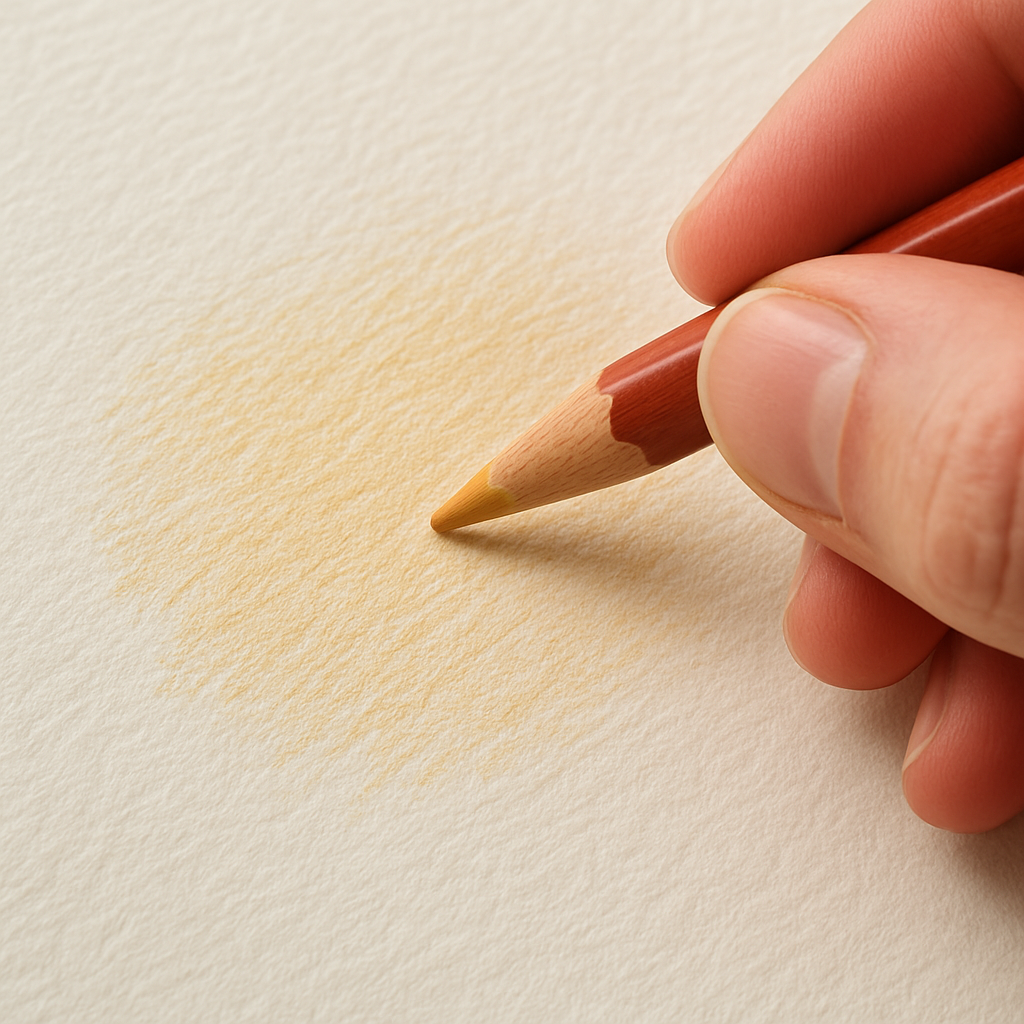A close‑up of a hand holding a soft‑core colored pencil hovering over a textured sketch paper, showing the initial light layer of color. Alt: how to layer colored pencils on textured paper with soft core pencils