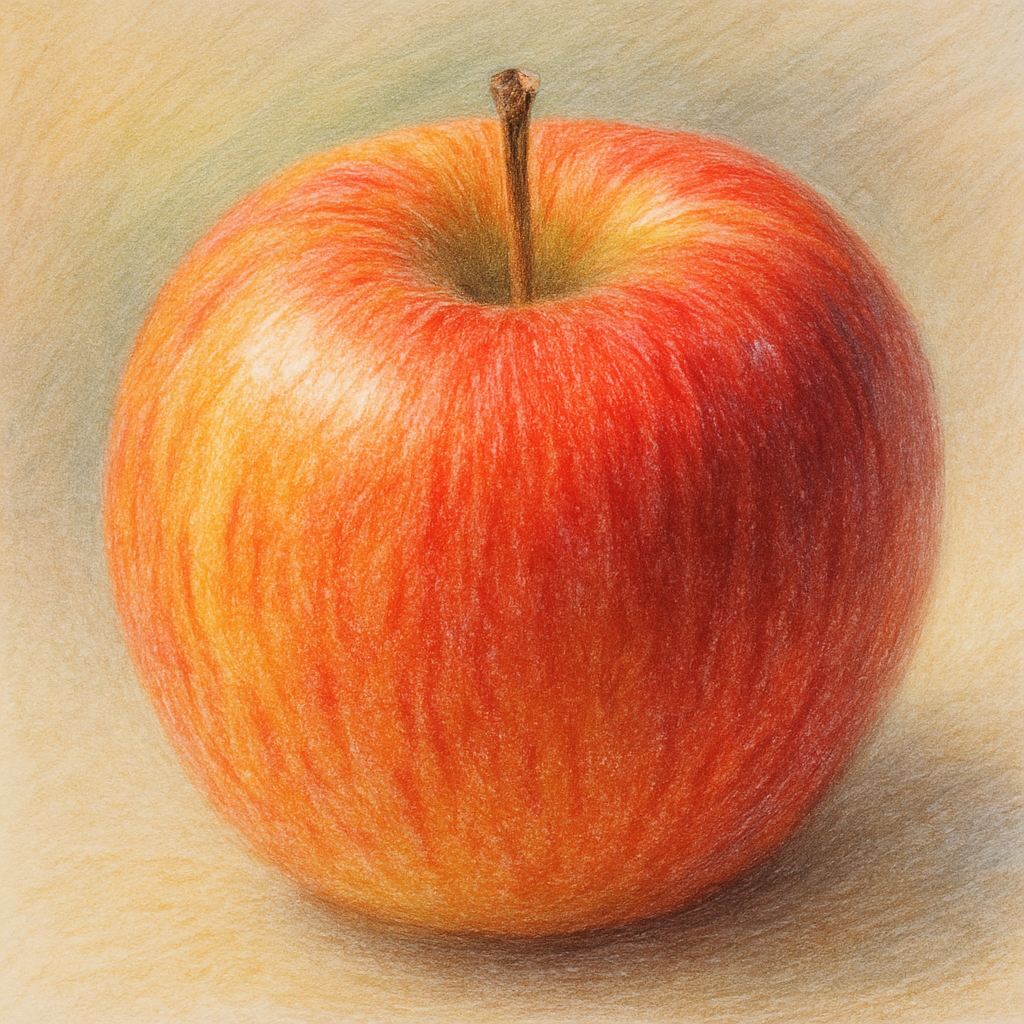 A close‑up of a colored‑pencil sketch showing subtle white highlights on a fruit, with a soft background blur. Alt: “how to layer colored pencils with highlights and final details”