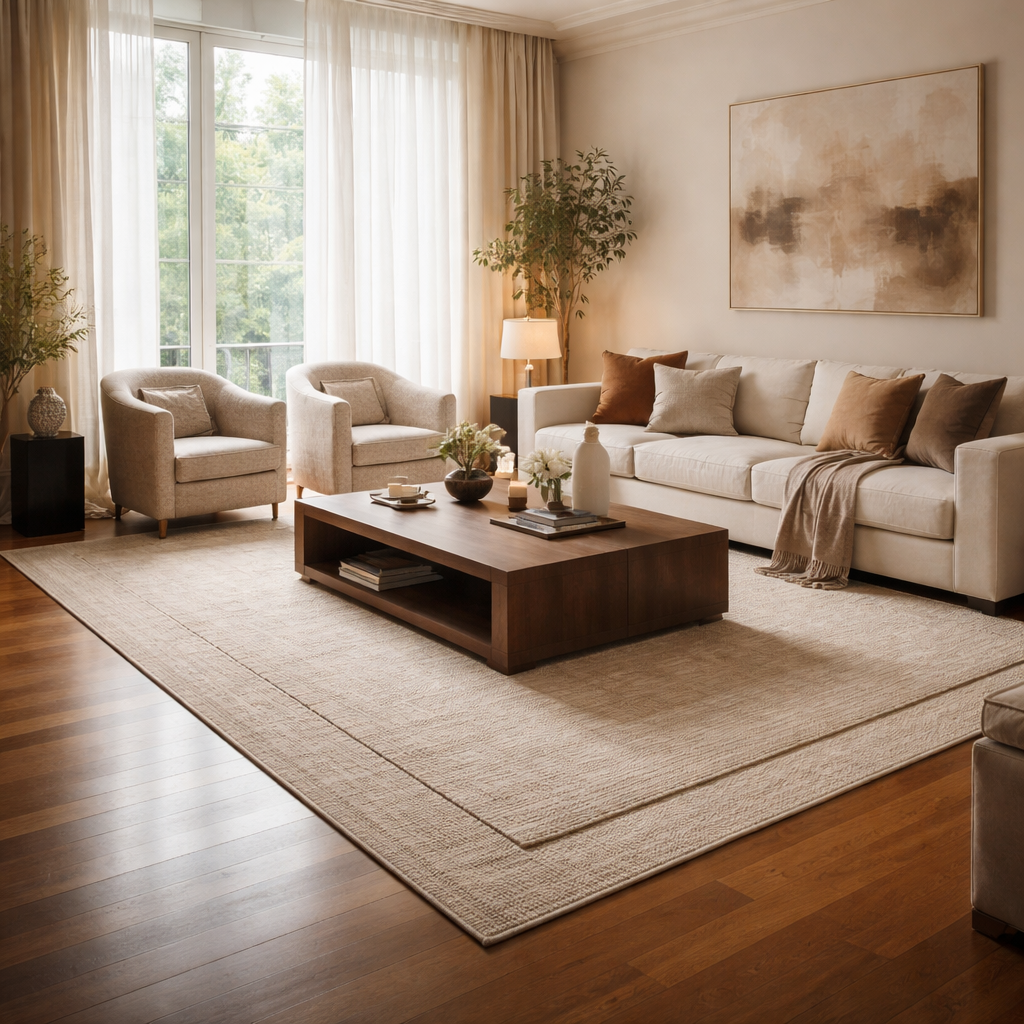 A cinematic, photorealistic living room with a large neutral‑coloured rectangular rug on polished hardwood floor, natural light streaming through sheer curtains, a coffee table positioned on the rug, subtle shadows emphasizing texture, upscale yet lived‑in feel, appealing to homeowners seeking luxury interior solutions. Alt: Layered rugs living room base rug guide.
