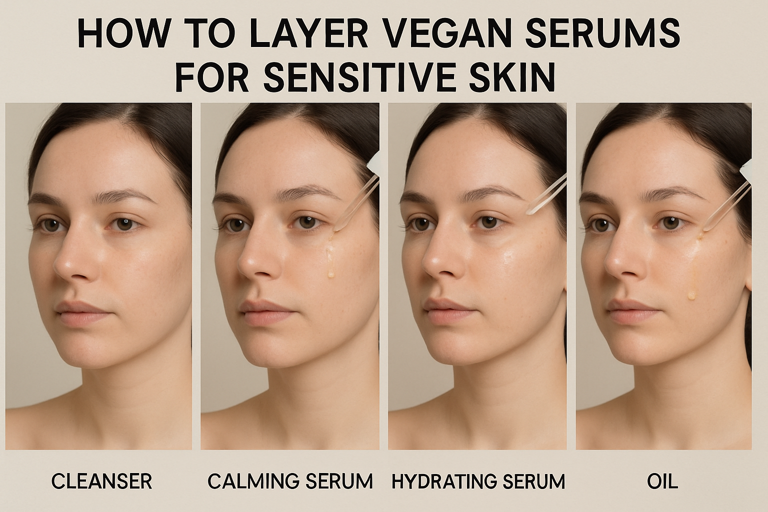 Step-by-step layering of vegan serums on sensitive skin. Alt: How to layer vegan serums for sensitive skin with sequence illustration.