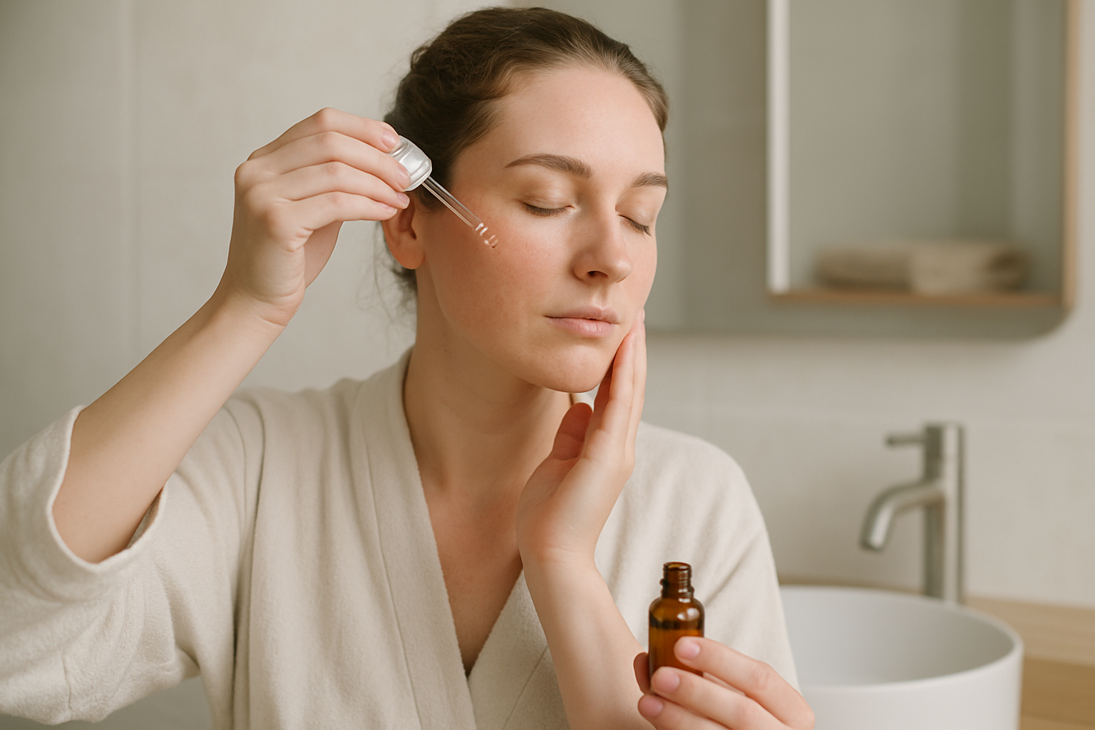A user gently applying vegan serum on sensitive skin at home. Alt: How to layer vegan serums for sensitive skin routine in a minimalistic bathroom setting.