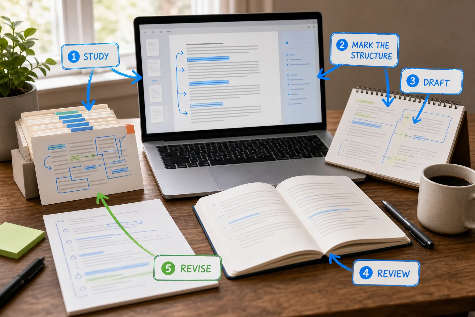 Copywriting practice loop from studying examples through feedback and revision.