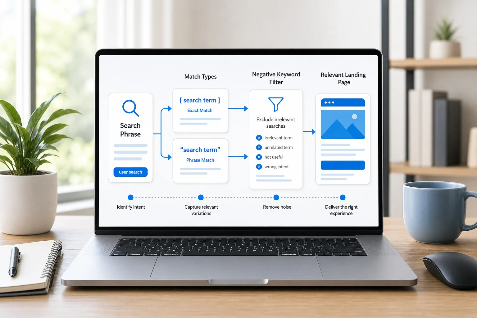 Google Ads keyword match types and negative keyword filtering workflow.