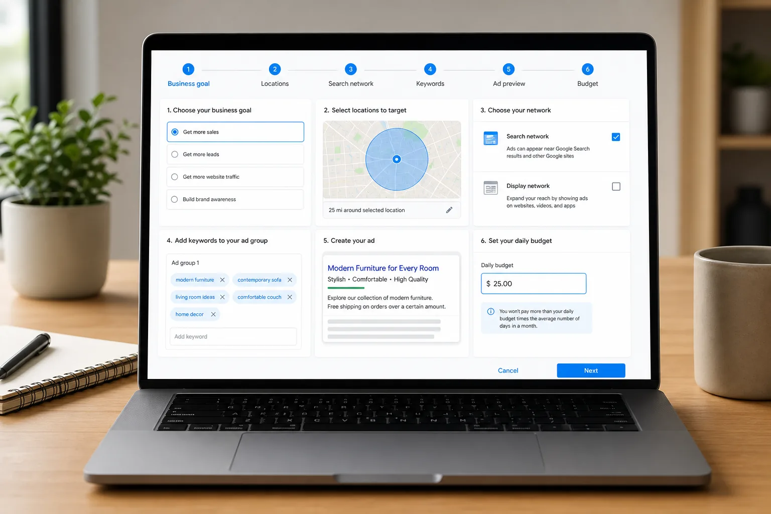 Search campaign setup with goal, location, keywords, and budget.