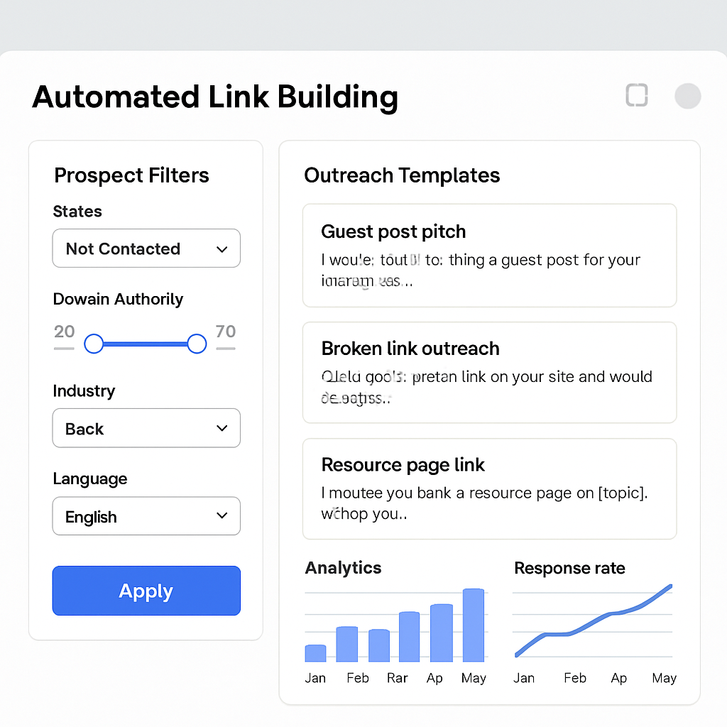 A modern dashboard screen showing prospect filters, outreach templates, and analytics graphs. Alt: “automated link building tools dashboard with filters and metrics”