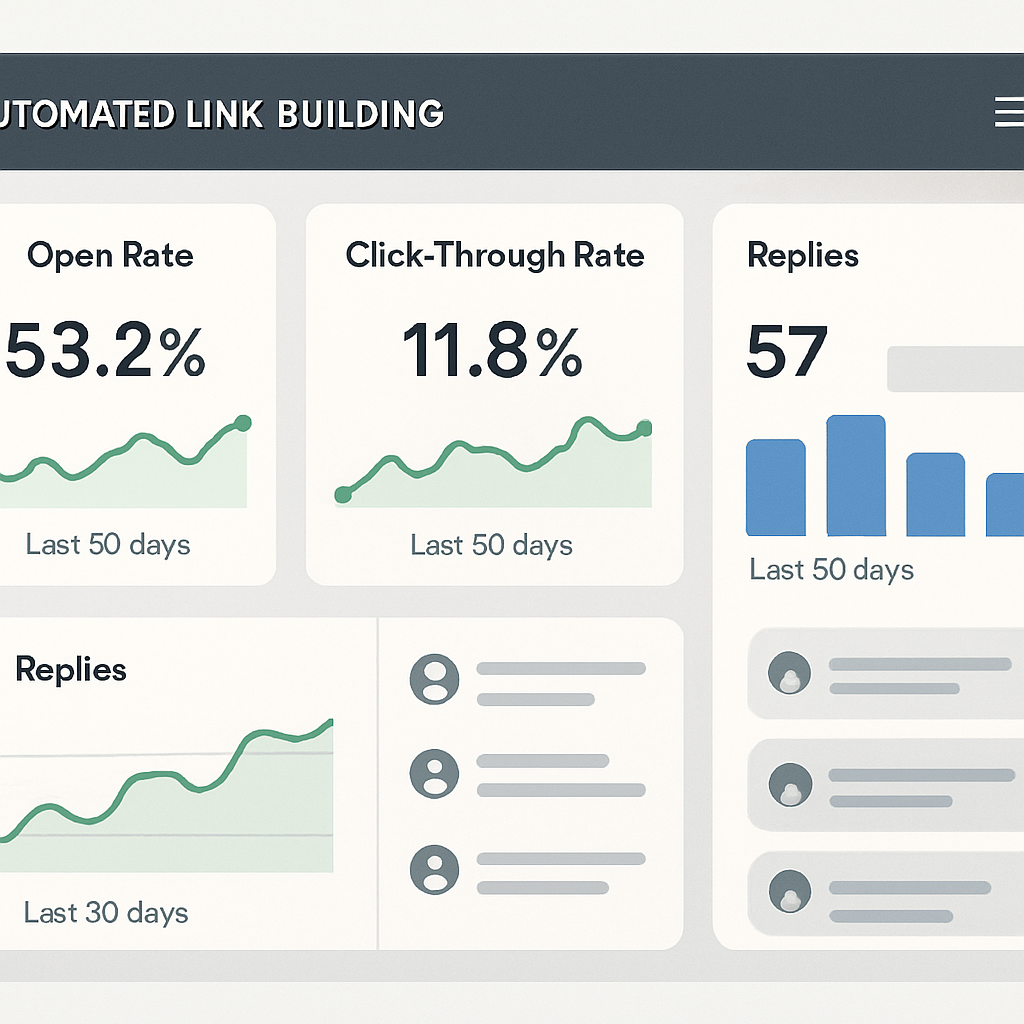 A dashboard view of an automated link building tool showing open rates, click‑through metrics, and reply threads. Alt: Automated link building tools performance dashboard