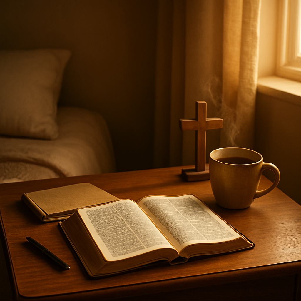 A warm, sunlit room with a small wooden cross on a bedside table, an open Bible, a journal, and a steaming mug of tea. Alt: Daily prayer routine for living a holy life according to the Bible.