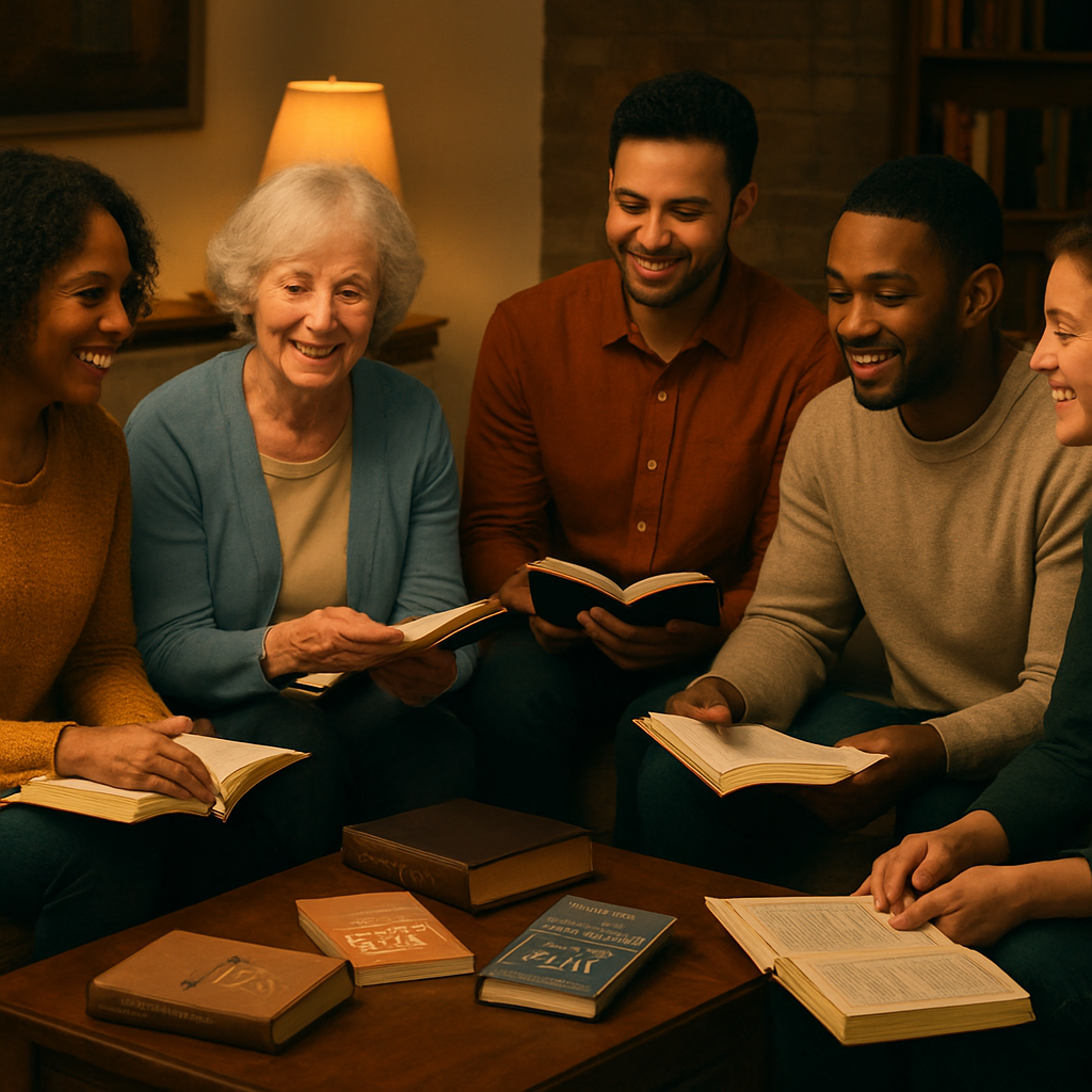A warm gathering of diverse believers sitting in a cozy living room, sharing Bibles and notes, illustrating the step of joining a faith community. Alt: Join a faith community to live a holy life according to the bible