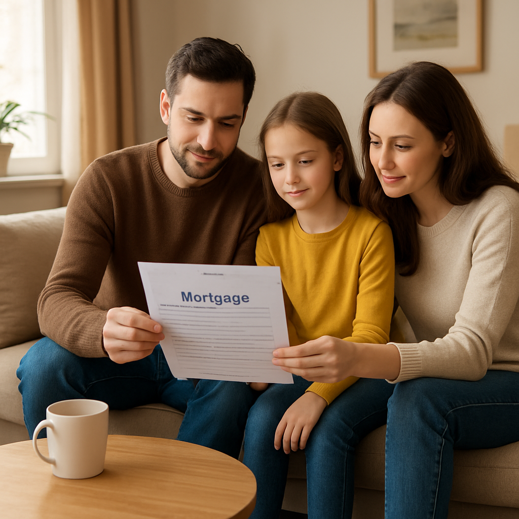 A cozy UK living room with a family reviewing mortgage paperwork, a coffee mug on the table and a stylish rug underneath. Alt: How to lower your monthly mortgage payment with refinancing