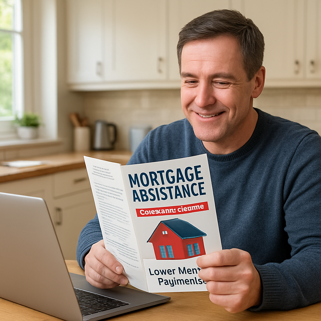 A friendly UK homeowner sitting at a kitchen table with a laptop, reviewing a government mortgage assistance brochure. Alt: Exploring mortgage assistance programs to lower monthly payments