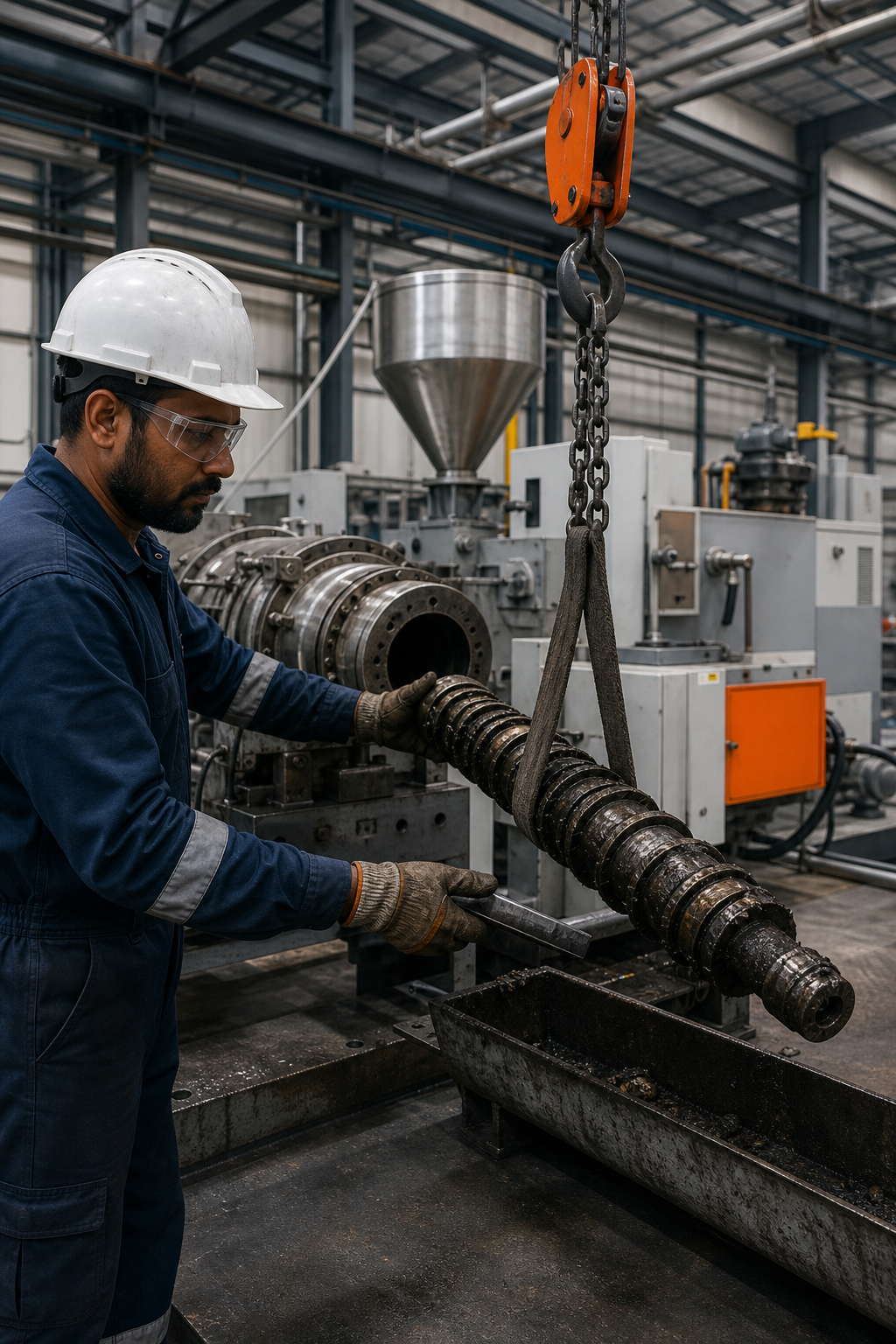 A photorealistic view of a technician using a hoist to extract a hot extrusion screw from a barrel in an industrial setting, showing safety gear and the machine background.