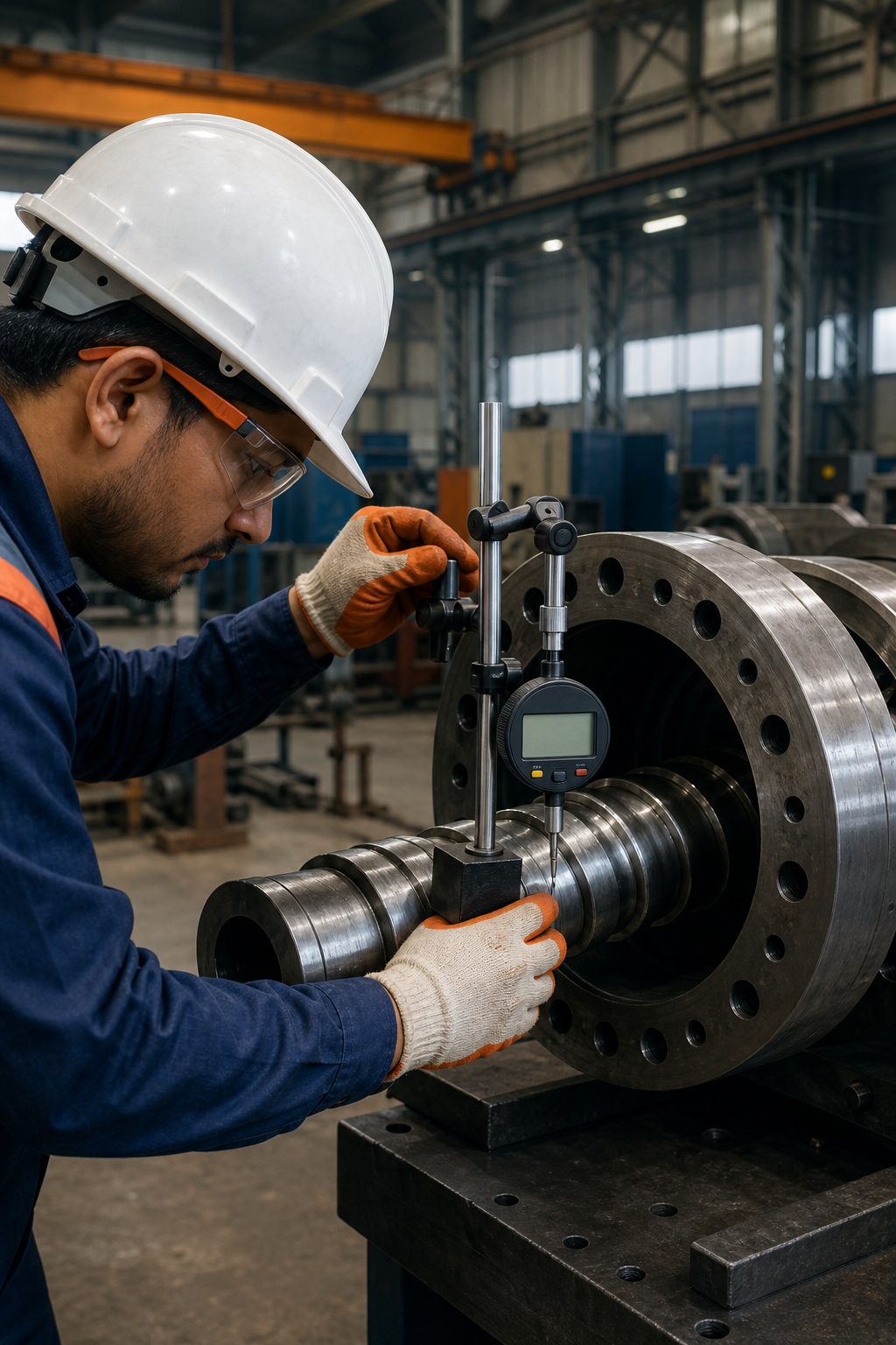 A realistic illustration of a technician aligning an extrusion screw inside a barrel using a measurement device, showing the measurement readout and safety equipment.