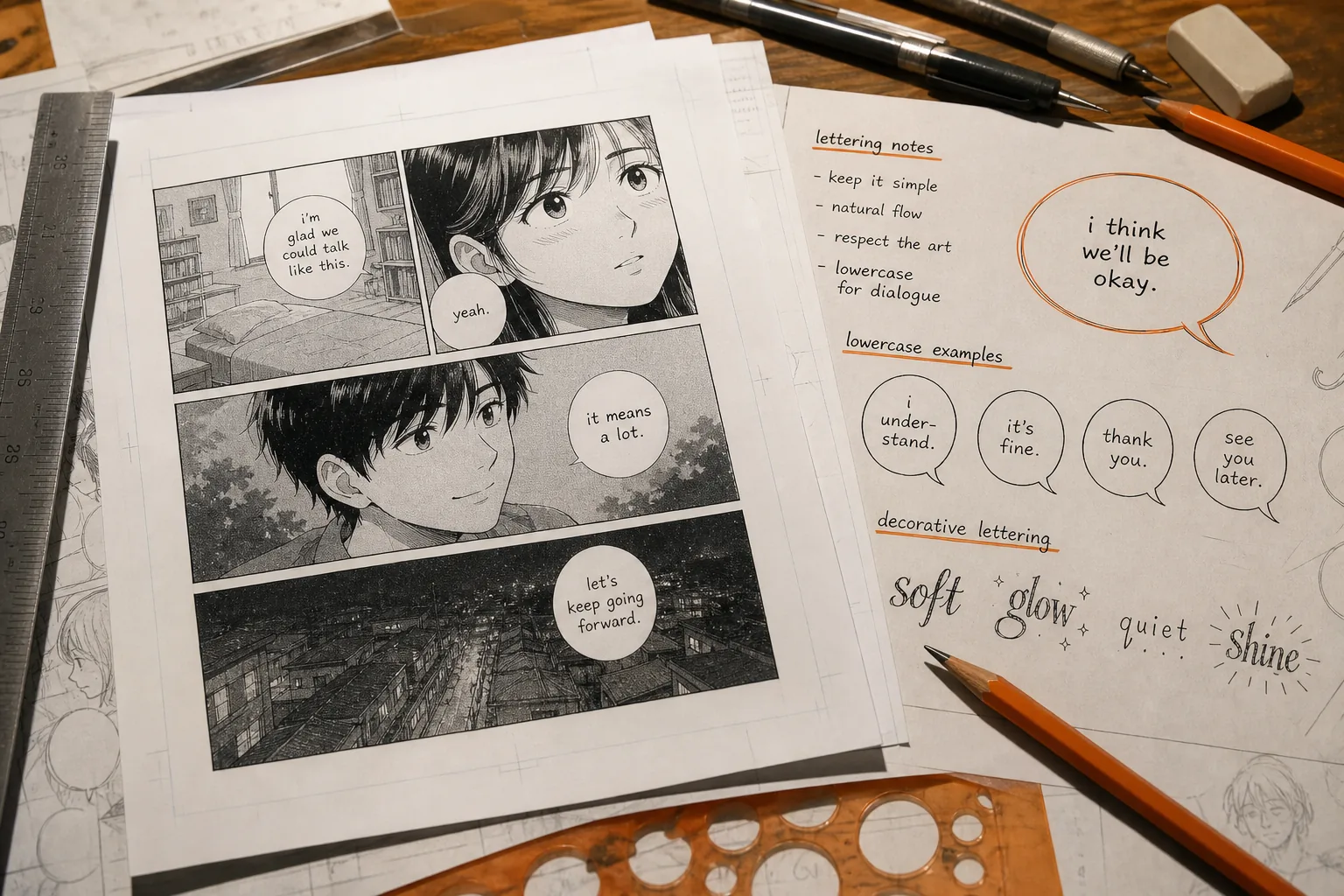 manga dialogue style guide with lowercase speech bubbles and lettering notes.