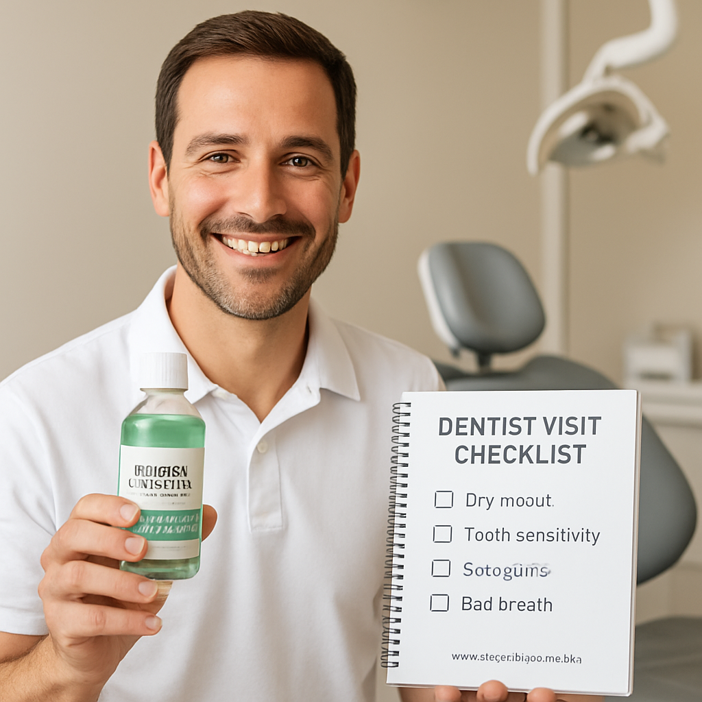 A smiling adult holding a small bottle of natural mouthwash beside a dental chair, with a notebook open showing a symptom checklist. Alt: natural mouthwash for dry mouth and dentist visit checklist.