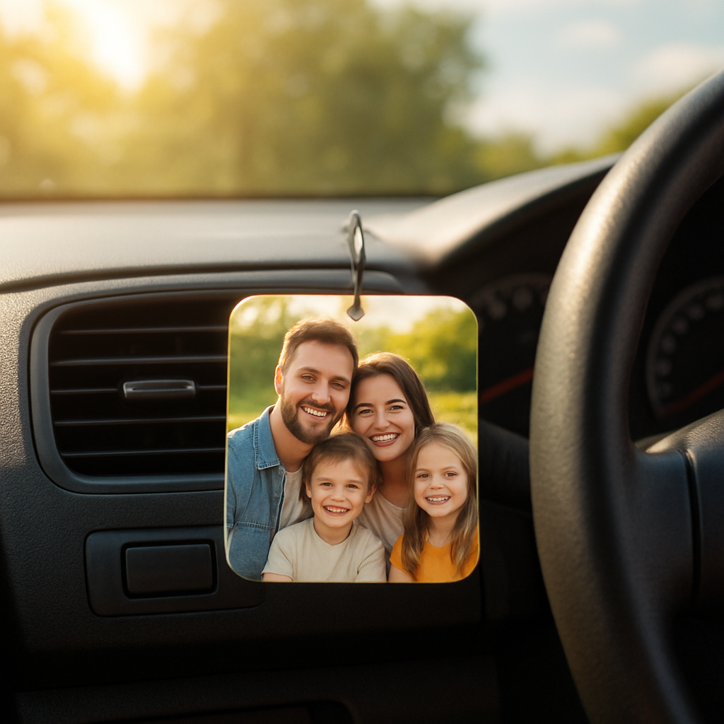 A sunny car interior with a personalized photo air freshener hanging from the vent, showing a bright family photo. Alt: personalized photo air freshener with family photo on car vent