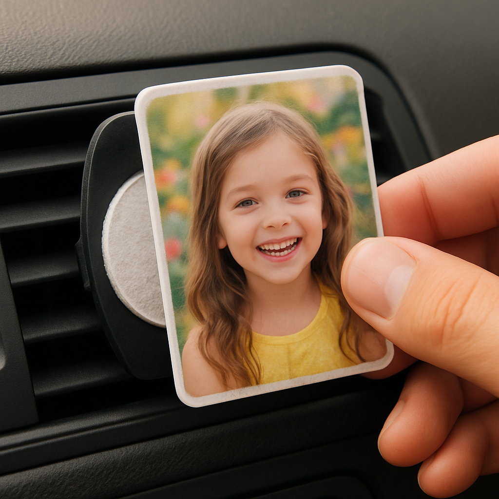 A close‑up of a freshly printed photo air freshener card being slipped into a vent clip, showing the vivid colors and the scented pad behind the image. Alt: personalized photo air freshener printing and assembly step-by-step