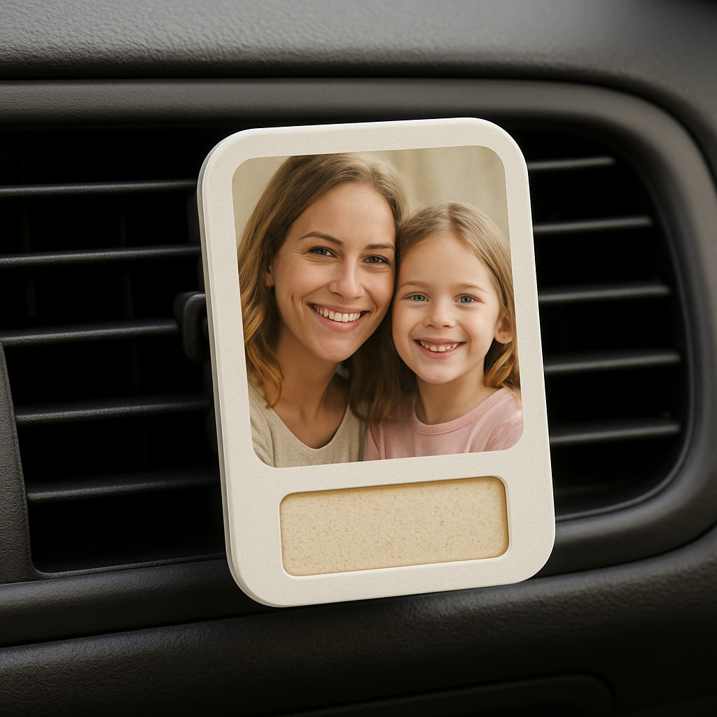 A close-up of a personalized photo air freshener clipped to a car vent, showing the photo and scented pad clearly. Alt: personalized photo air freshener care, placement, and safety guide