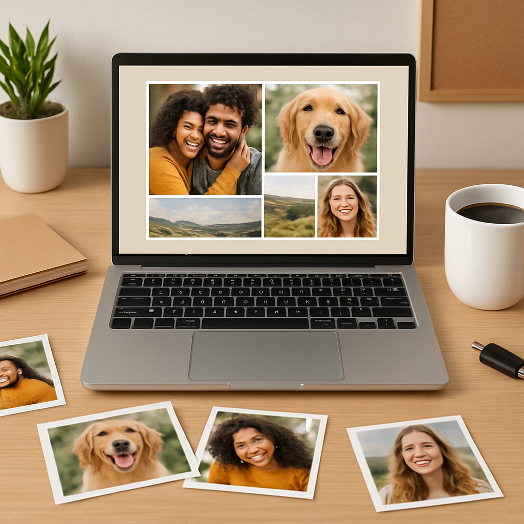 A bright, organized workspace with a laptop displaying a photo collage design, a USB drive, and a coffee mug. Alt: Gather photos and materials for a canvas collage step-by-step guide