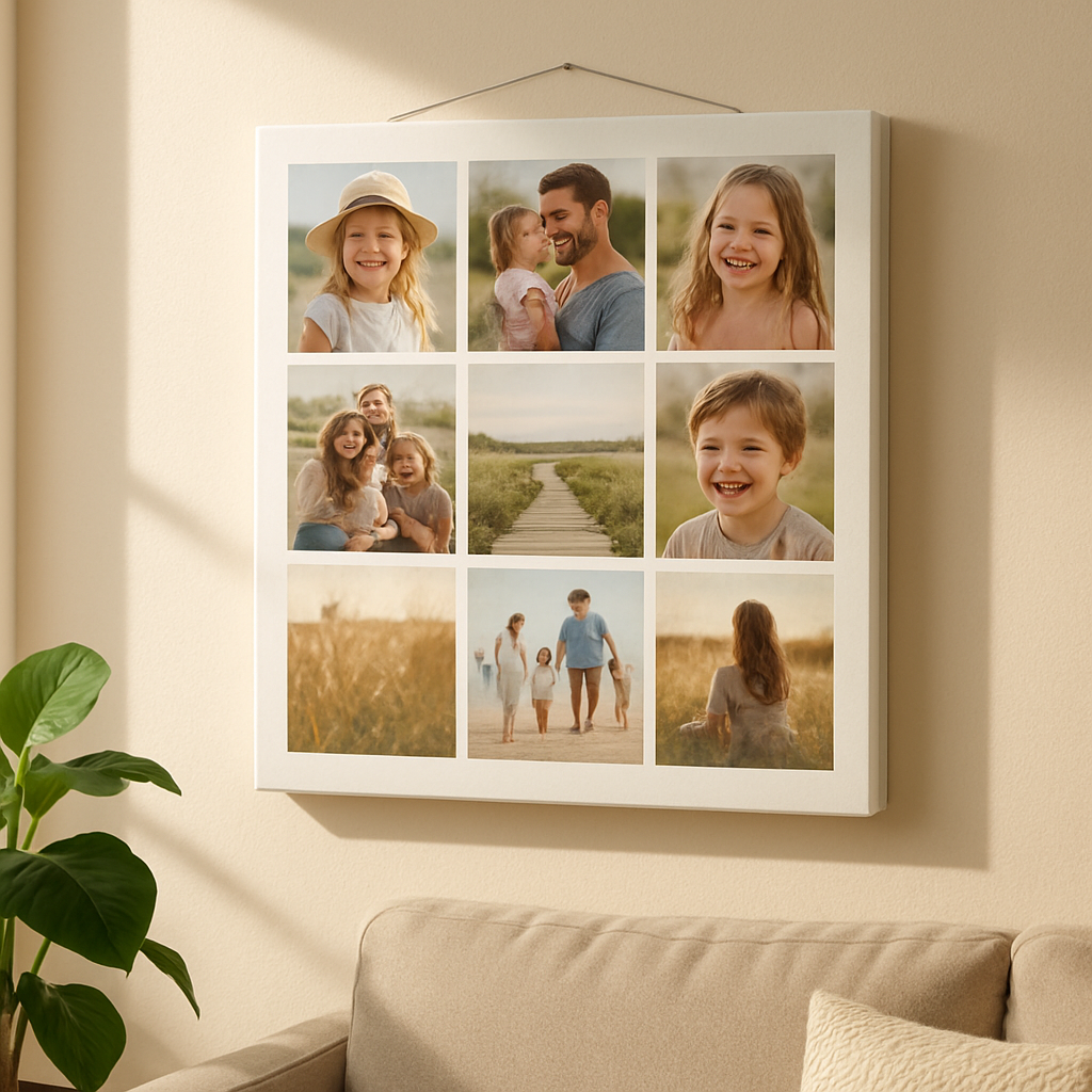 A sunny living‑room wall with a freshly sealed photo collage on canvas, showing a subtle matte finish and a sturdy gallery‑wire hanger. Alt: Sealed, hung photo collage on canvas with protective coating.