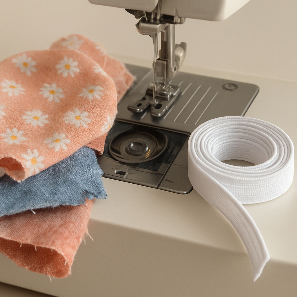 A close‑up of a sewing machine bobbin area with fabric scraps and a rolled elastic ready for a scrunchie. Alt: Gather materials for sewing a scrunchie