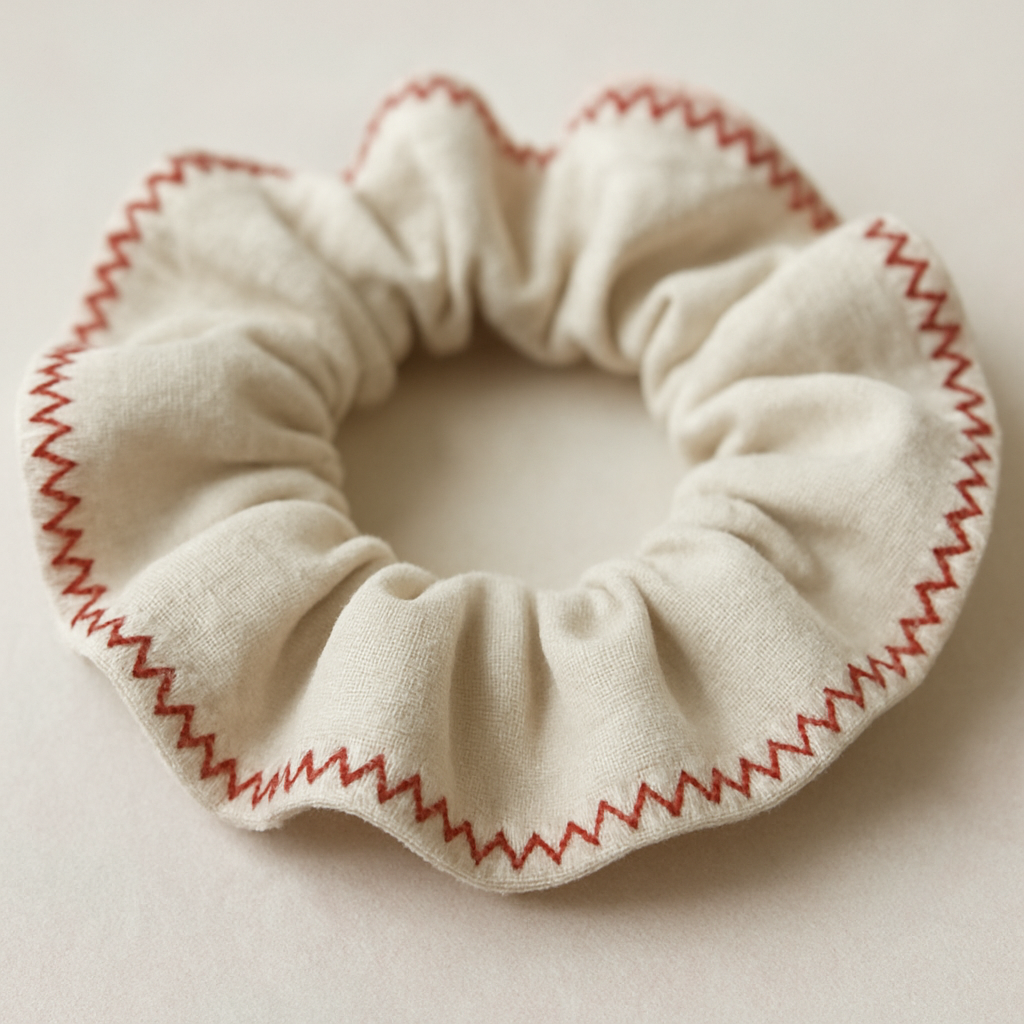 A close‑up of a hand‑sewn scrunchie with a contrasting decorative zigzag stitch along the edge, laid on a light pastel background. Alt: Decorative stitching on a handmade scrunchie