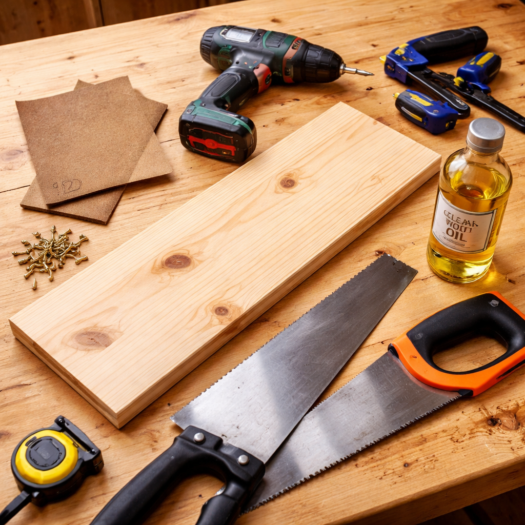 A realistic photo of a pine board, sandpaper, hand saw, metal hooks, drill, clamps, and a bottle of clear oil arranged on a wooden workbench. Alt: Gather materials and tools for a wooden key holder project.