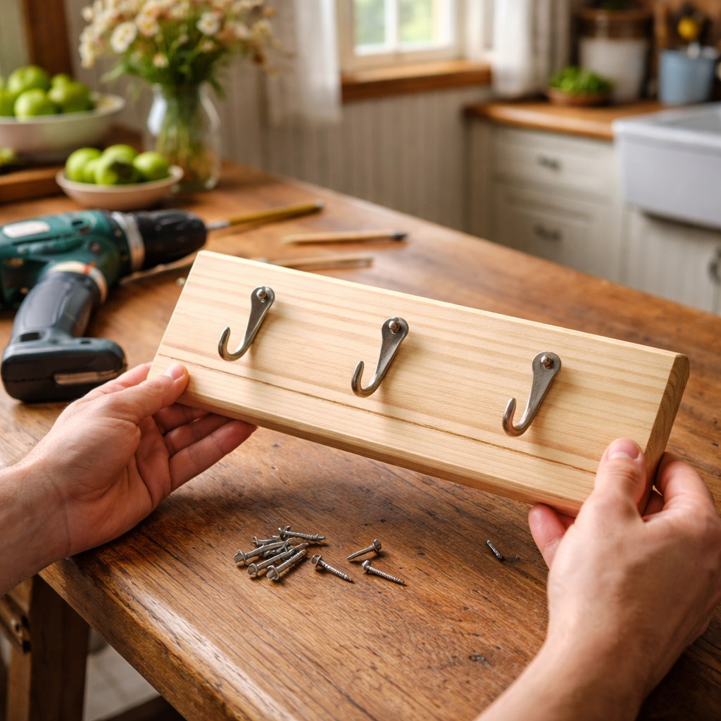 A photorealistic scene of a hand holding a pine board with three metal hooks aligned in a shallow groove, a drill and screws on a rustic kitchen table in a Nova Scotia cottage. Alt: how to make a wooden key holder step assembling holder.