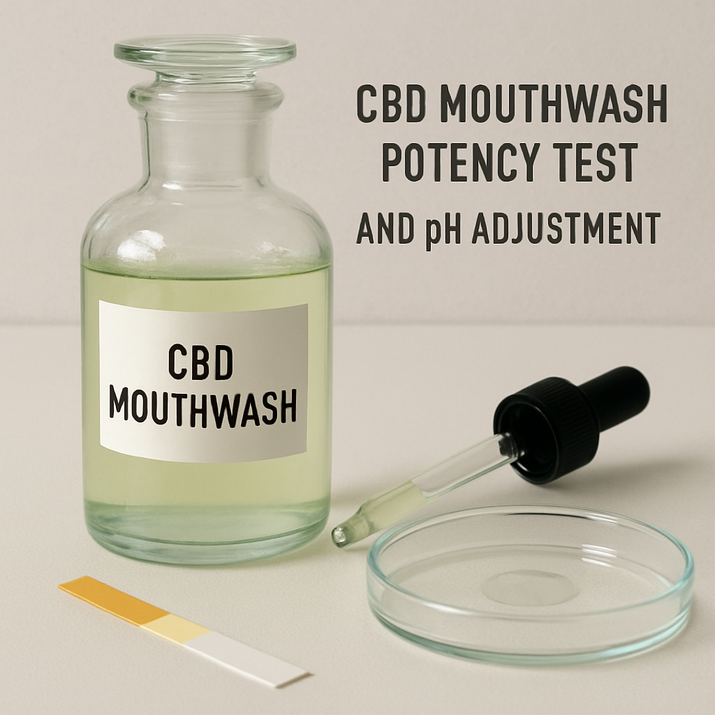 A close‑up of a glass bottle of homemade CBD mouthwash with a dropper, pH strip, and a small petri dish showing a clear inhibition zone. Alt: CBD mouthwash potency test and pH adjustment illustration.