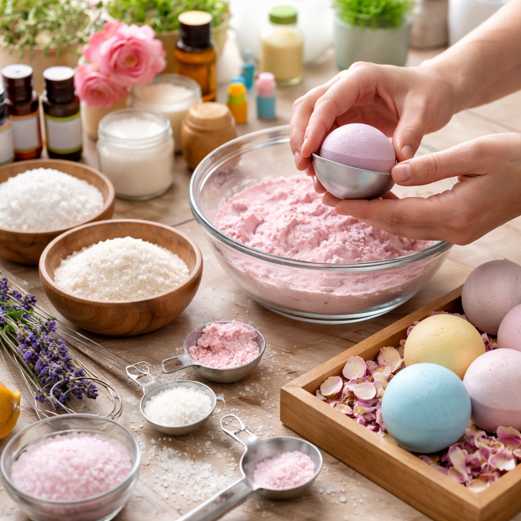 A photorealistic image related to how-to-make-bath-bombs-at-home. Alt: how-to-make-bath-bombs-at-home