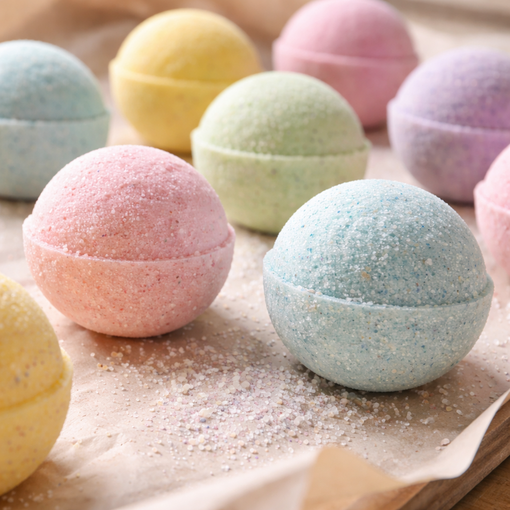A realistic close‑up of freshly unmolded bath bombs drying on a parchment sheet, soft natural lighting, showing varied pastel colors and texture details. Alt: bath bombs drying on parchment, pastel colors, detailed texture.