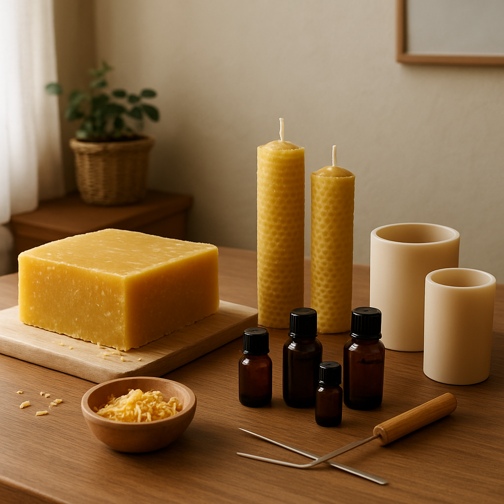 A cozy home workspace with beeswax, essential oils, and candle molds neatly arranged on a wooden table. Alt: beeswax candle making workspace essentials