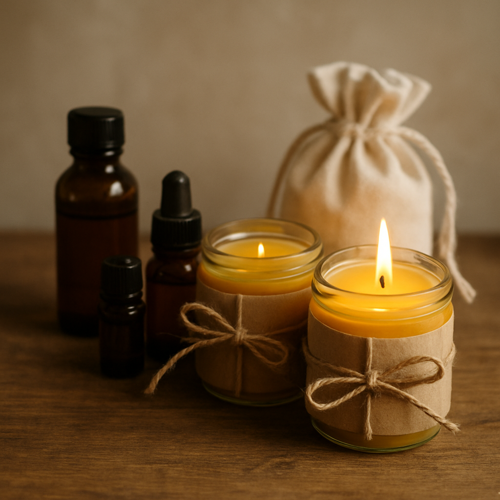A cozy tabletop with beeswax candles in reusable jars, wrapped in kraft paper and twine, surrounded by essential oil bottles and a soft linen pouch. Alt: Gift‑wrapped beeswax candles with essential oils, safe lighting setup, and storage ideas.
