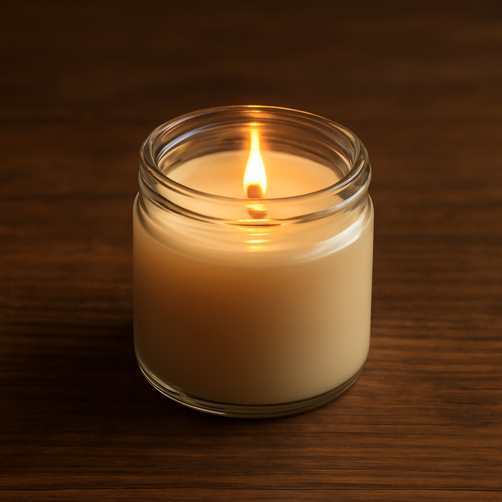 A cozy candle jar on a wooden table with a lit wick, showing a gentle glow. Alt: Even burn candle illustration.