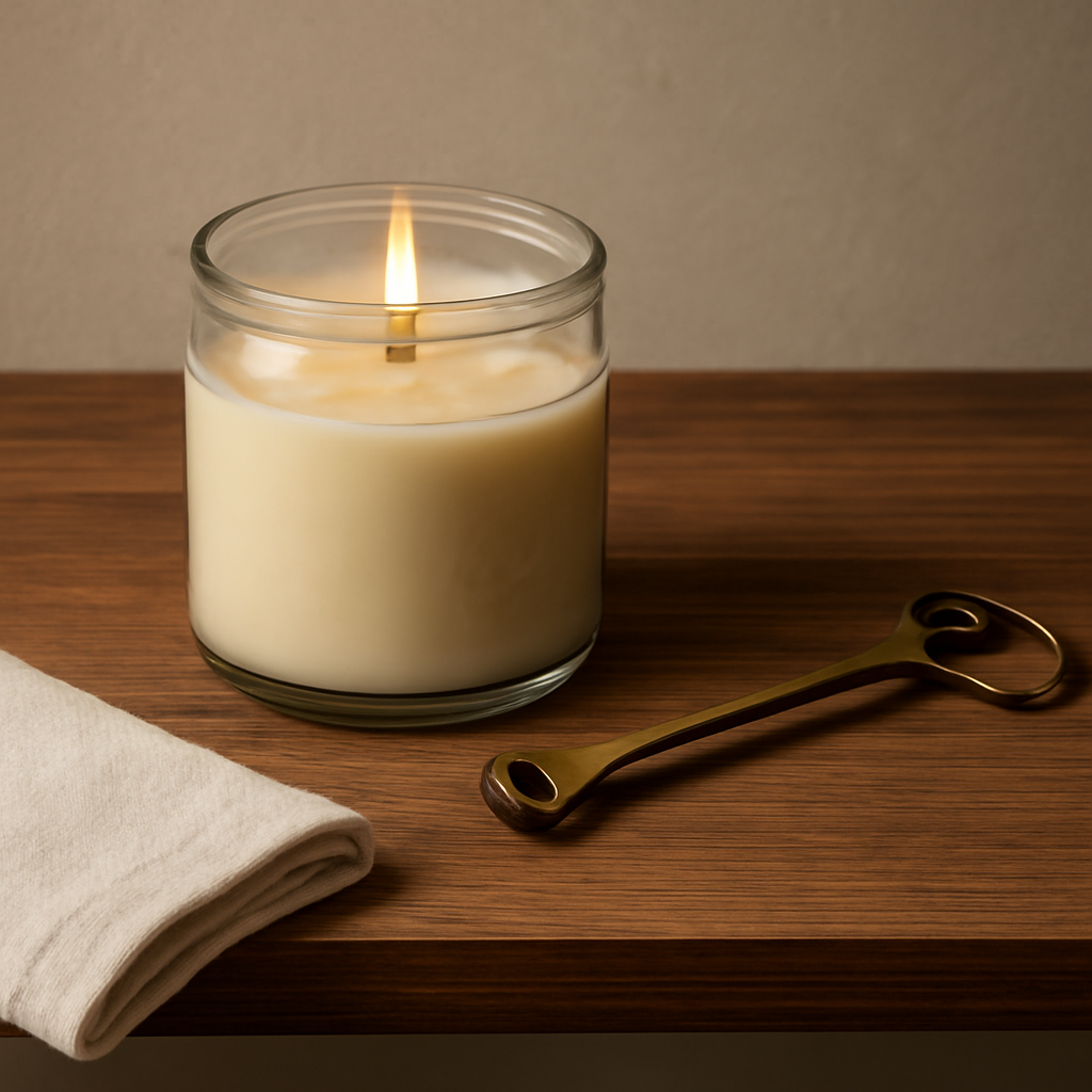 A cozy candle jar resting on a wooden shelf with a neatly trimmed wick, a small wick trimmer beside it, and a clean cloth on a nearby table. Alt: Candle maintenance routine with trimming and cleaning tools.
