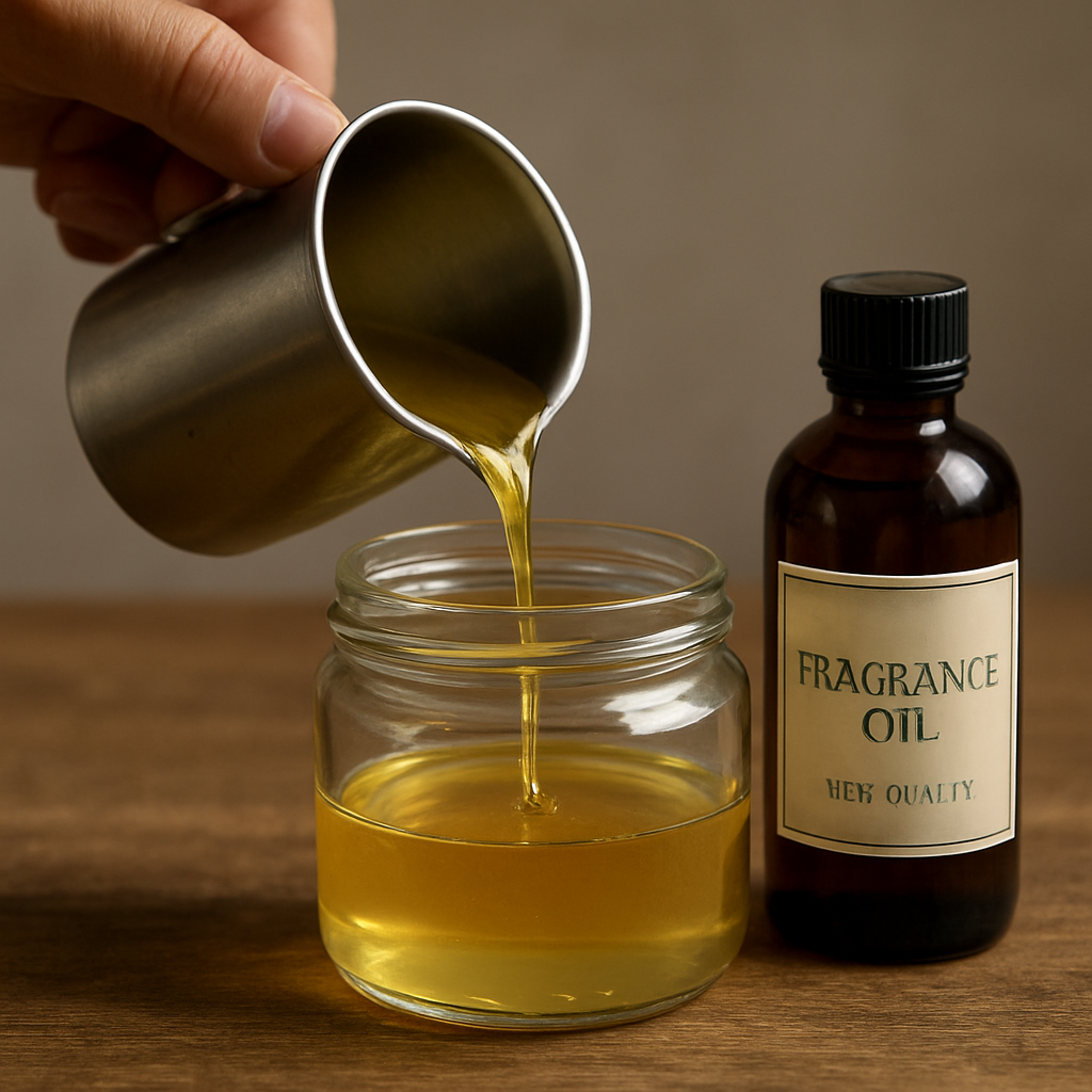 A close‑up of a hand pouring melted wax into a glass jar, with a bottle of high‑quality fragrance oil beside it. Alt: Choosing high‑quality fragrance oils for stronger scented candles.