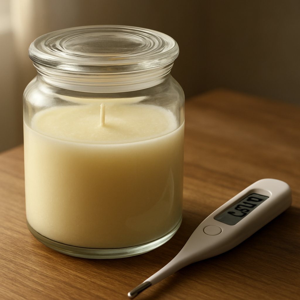 A close‑up of a candle jar with a lid, sitting on a wooden table beside a digital thermometer, soft natural light highlighting the wax. Alt: Candle curing temperature control for stronger scent throw.