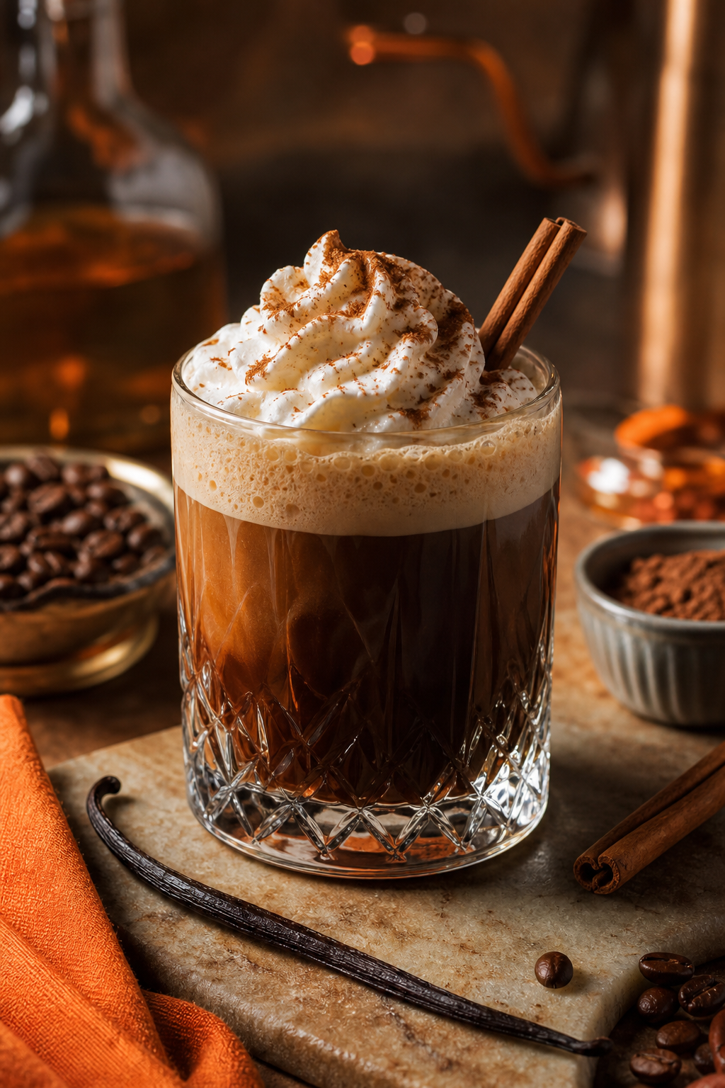 A photorealistic glass of coffee cocktail with whipped cream and a cinnamon stick, surrounded by ingredients like a vanilla bean and chocolate powder. Alt: Coffee cocktail with rum, whipped cream, and cinnamon garnish.