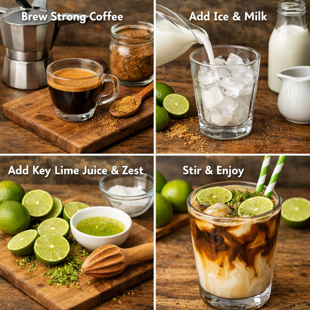 A photorealistic image related to how-to-make-coffee-iced-with-key-lime. Alt: how-to-make-coffee-iced-with-key-lime