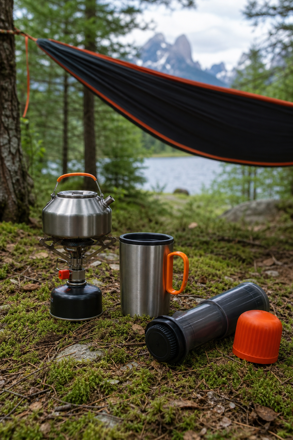 A realistic scene of a compact camping gear setup on a forest floor, showing a lightweight stove, stainless kettle, insulated mug, and a folded AeroPress Go, natural lighting, detailed textures, Realism style, Alt: 