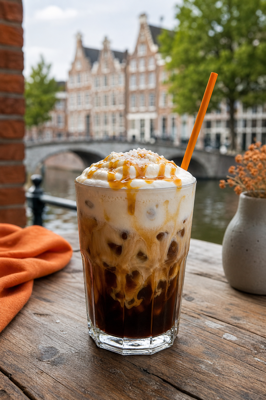 A glass of iced coffee topped with a fluffy salted cream foam, with caramel drizzle and a straw, on a rustic wooden table. Natural lighting. Alt: Sea salt iced coffee with salted cream and caramel.